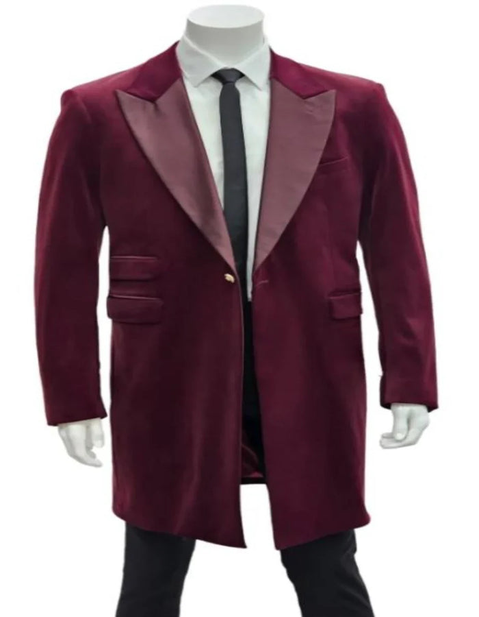 Men’s Burgundy Tuxedo in Velvet Long Blazer - Victorian Cutaway Tuxedo Suit 1920s Gangster Style Long Jacket with Black Pants by USA Men's Outlet