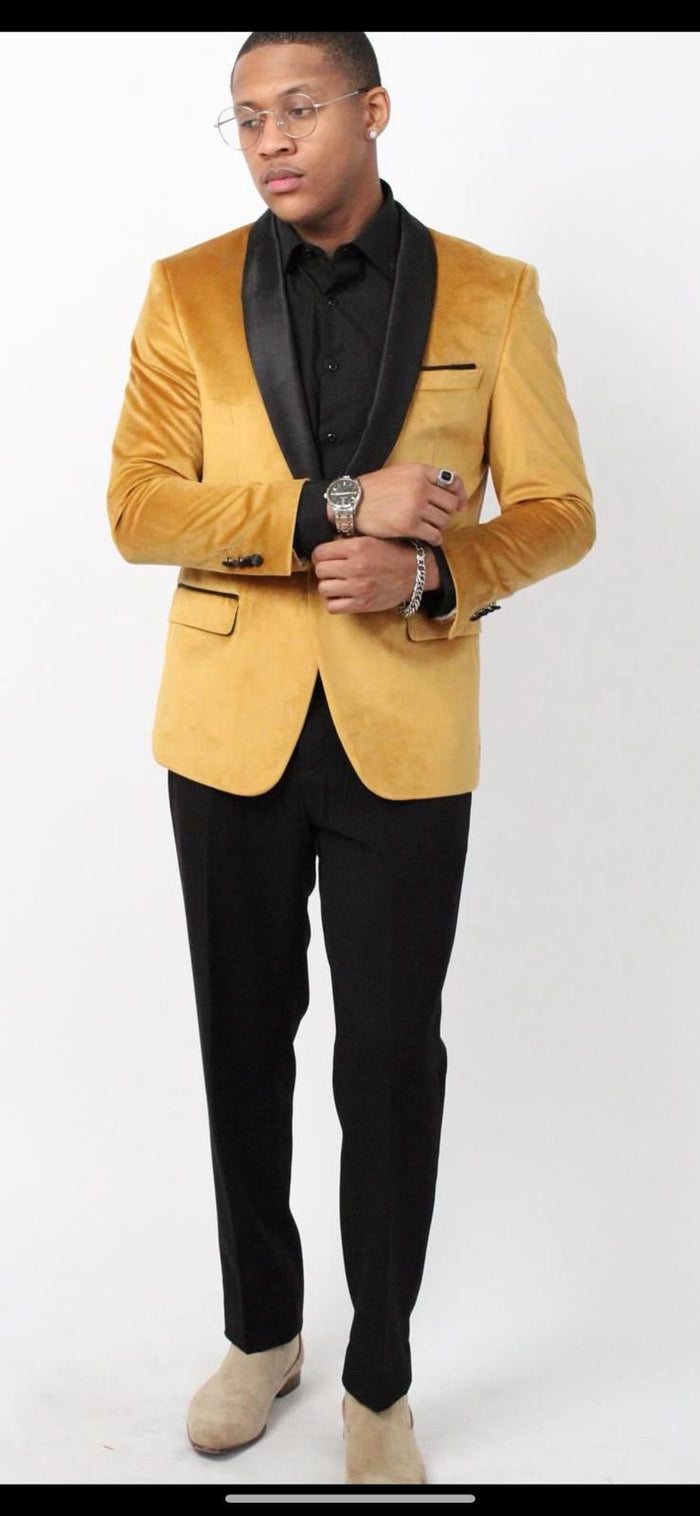 Men’s Mustard Gold Velvet Tuxedo Jacket - Slim Fit Dinner Blazer with Black Satin Shawl Lapel + Free Black Pants & Bowtie by USA Men's Outlet