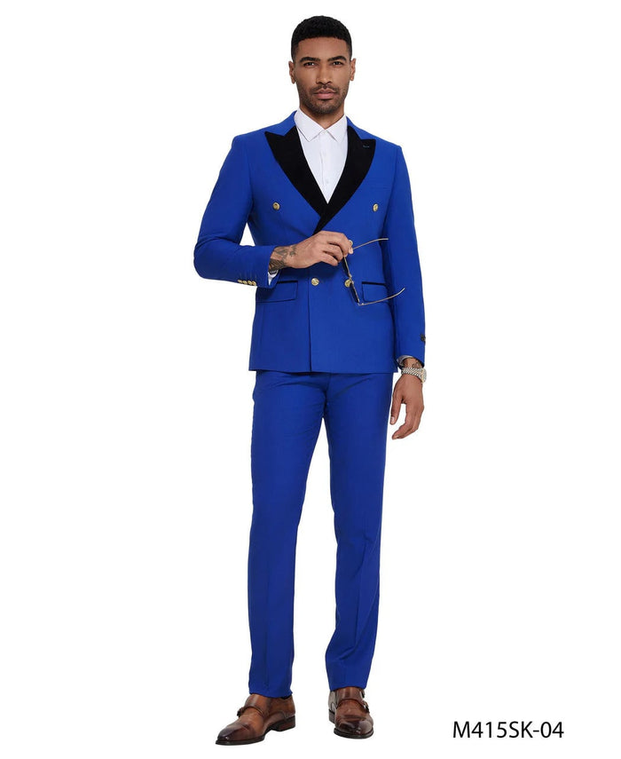 Mens Royal Blue Double-Breasted Tuxedo Suit - Modern Slim Fit Formal Wedding and Prom Outfit with Black Satin Lapel by USA Men's Outlet