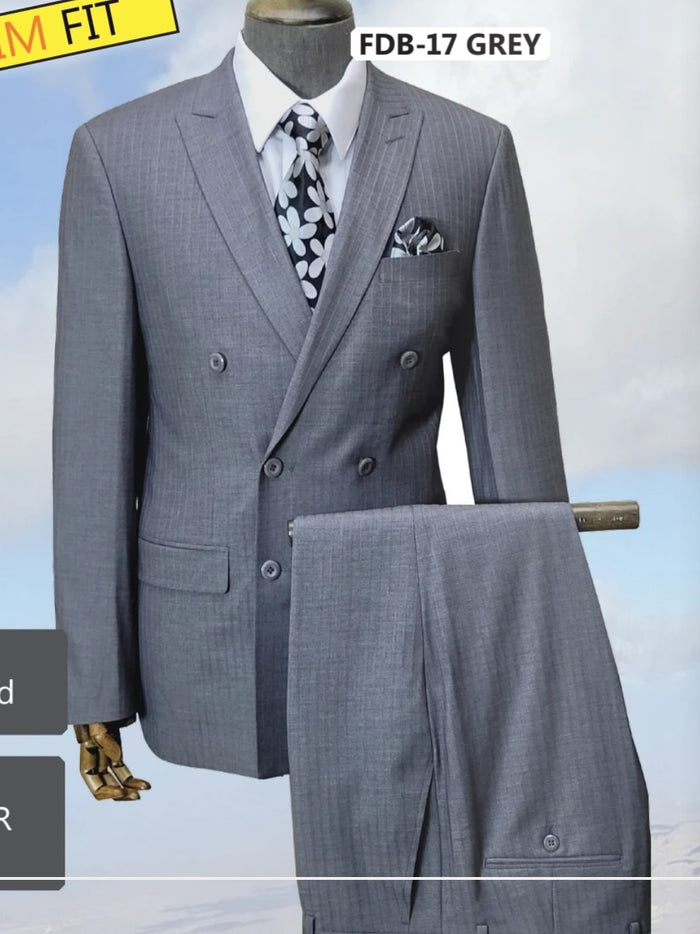 Mens Grey Tone on Tone Double-Breasted Suit - Classic Slim Fit 2 Piece Formal Business Gray Shadow Stripe by USA Men's Outlet