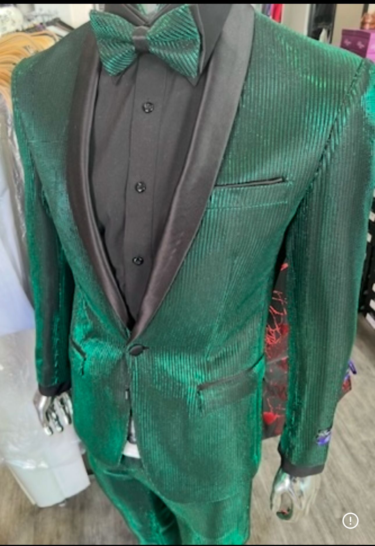 Men's Emerald Green Shiny Tuxedo with Black Satin Lapel and Matching Bow Tie - Ultra Slim Fit by USA Men's Outlet