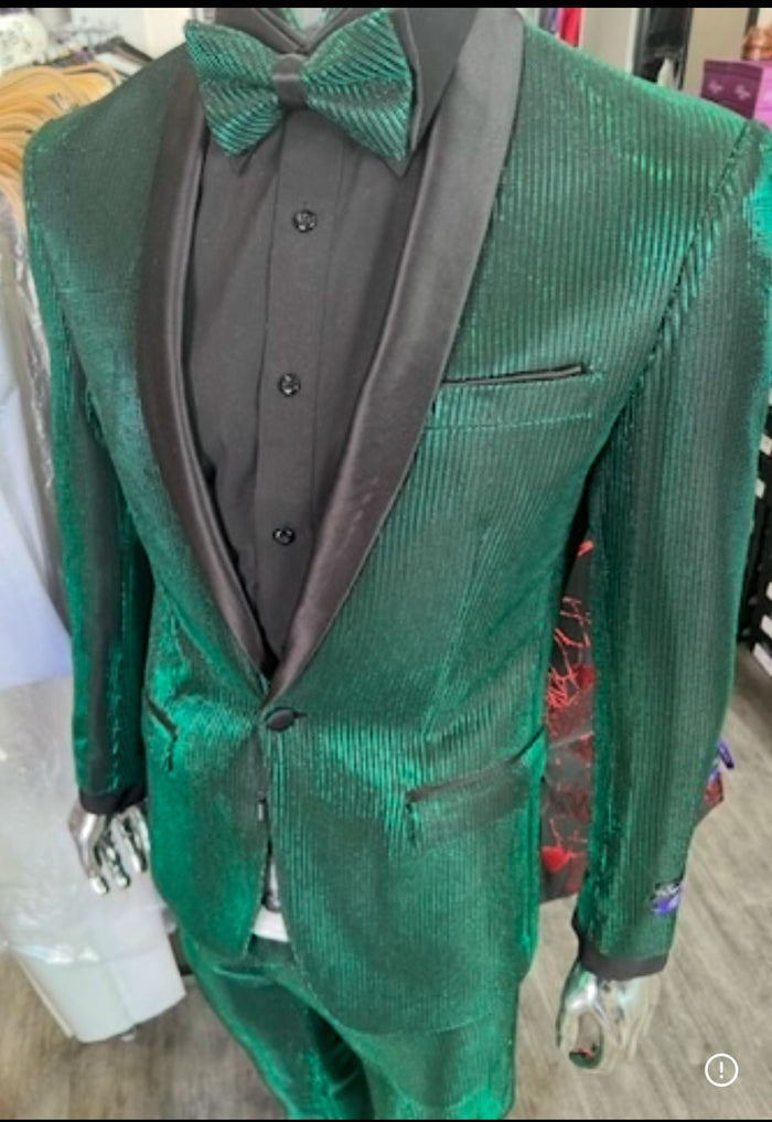 Men's Emerald Green Shiny Tuxedo with Black Satin Lapel and Matching Bow Tie - Ultra Slim Fit by USA Men's Outlet
