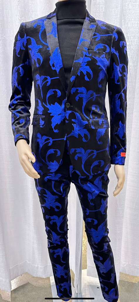 Men’s Black and Royal Blue Patterned Blazer - Paisley Floral Sport Coat Prom Jacket by USA Men's Outlet