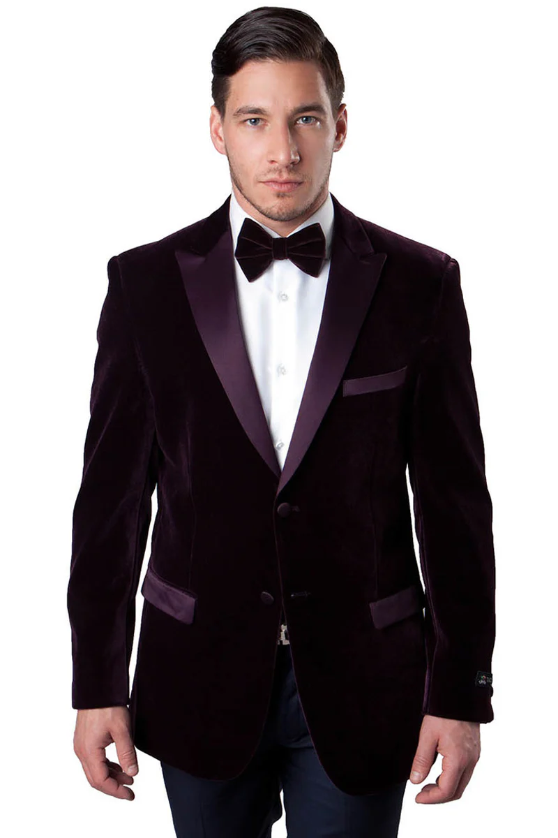 Mens Plum Eggplant Velvet Blazer Jacket – Luxury Velvet Dinner Jacket for Wedding, Tuxedo Events, Formal Parties in Burgundy Color