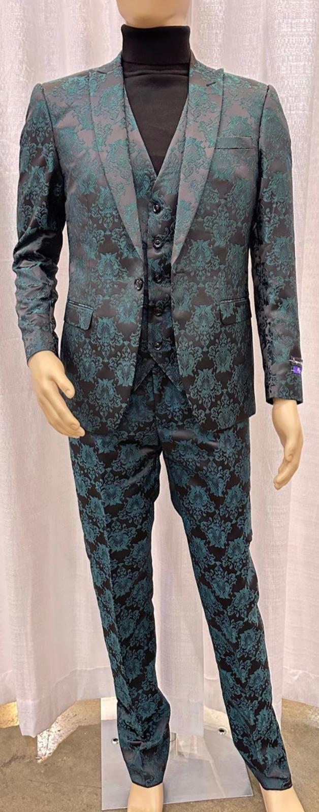 Men’s Emerald Green Floral Jacquard 3-Piece Tuxedo Suit - Slim Fit Formal Set with Blazer, Vest, and Pants Paisley Fabric - Ultra slim fitted by USA Men's Outlet