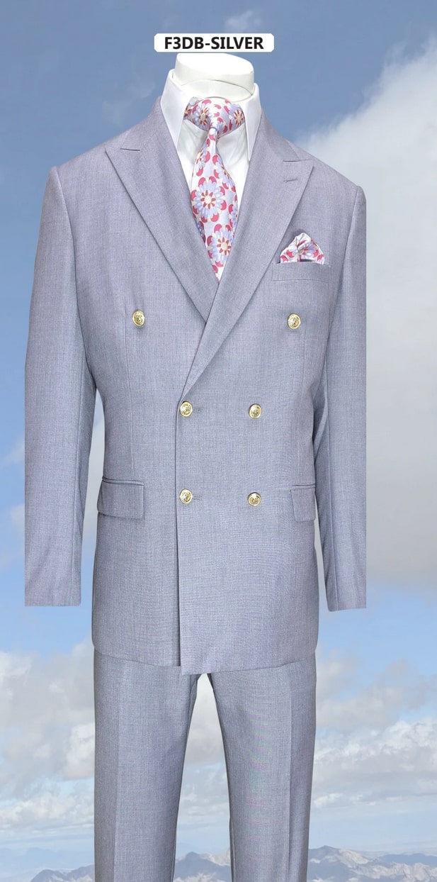Mens Silver Grey Double-Breasted 3-Piece Suit - Classic Tailored Fit with Peak Lapel and Gold Buttons for Weddings, Church and Formal Events by USA Men's Outlet