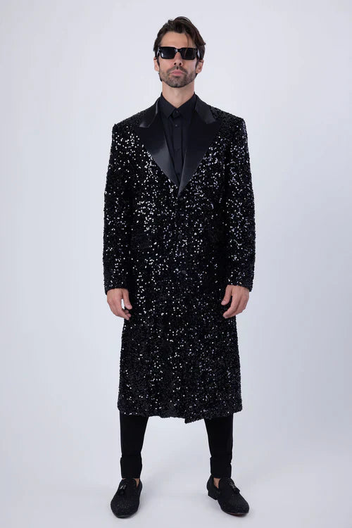 Men’s Black Sequin Long Coat with Satin Shawl Lapel - Luxury Statement Evening Overcoat USA Men's Outlet