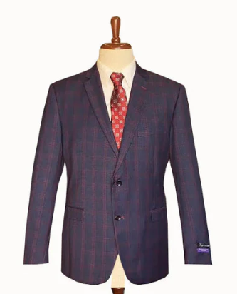 Men’s Big and Tall Navy Blue with Burgundy Plaid Jacket and Sport Coat - Wool Blazer by USA Men's Outlet