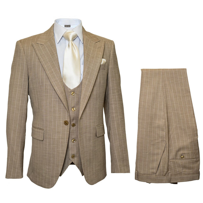 Men's Beige Pinstripe Three-Piece Vested Suit - Tailored Fit Business Attire in Tan Stripe by Rossiman USA Men's Outlet