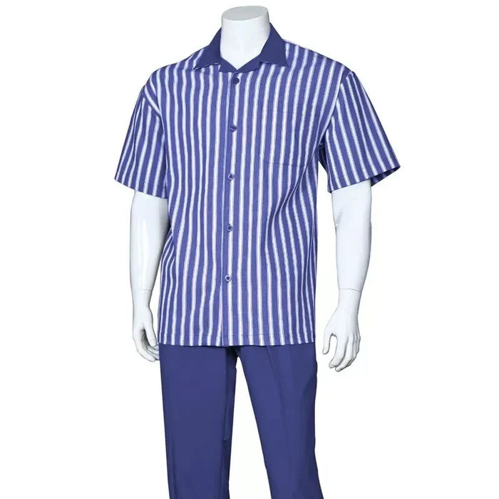 Men’s Blue and White Vertical Stripe Short Sleeve Shirt Set - Casual Summer Two-Piece Outfit by USA Men's Outlet
