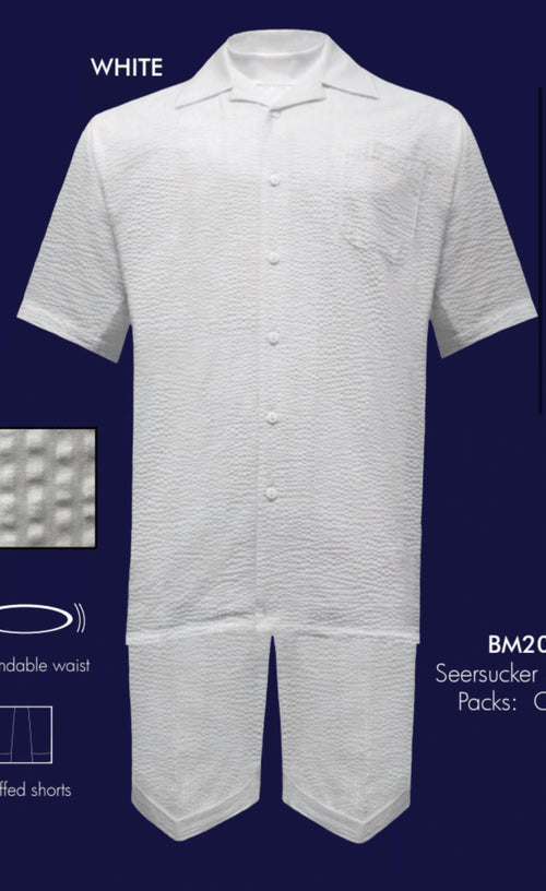 Mens White Seersucker Short Set - Lightweight Summer Outfit with Shirt and Shorts by USA Men's Outlet