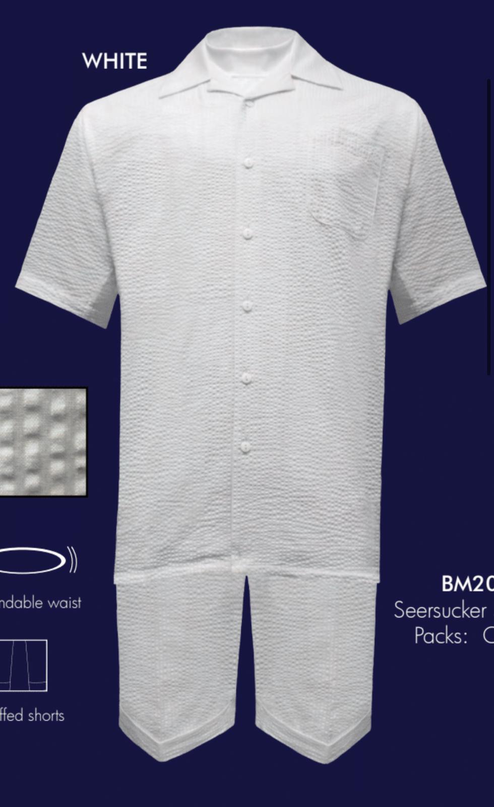 Mens White Seersucker Short Set - Lightweight Summer Outfit with Shirt and Shorts by USA Men's Outlet