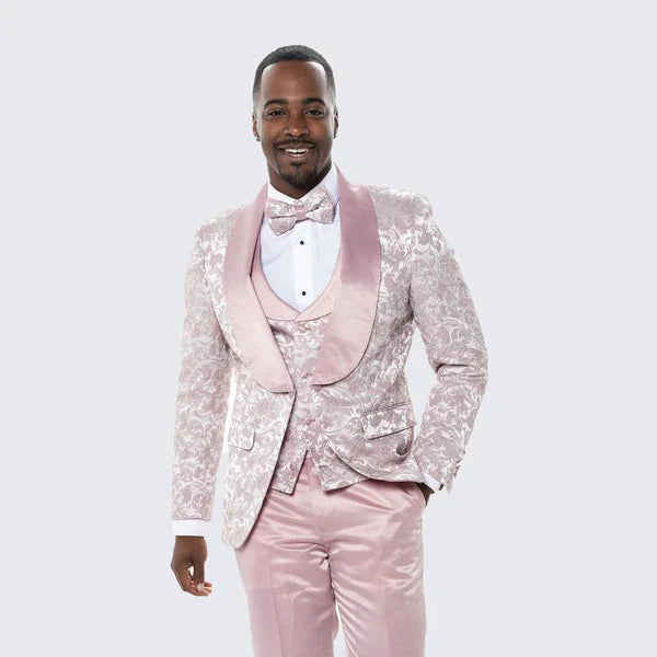 Men’s Light Pink Dusty Rose - Floral Tuxedo Suit - Luxury Satin Shawl Lapel 3-Piece Formal Wedding and Prom Suit in Blush Mauve color USA Men's Outlet