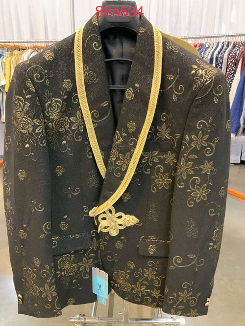 Men’s Black and Gold Embroidered Luxury Blazer - Designer Floral Pattern Wedding & Party Jacket (Sim534) by USA Men's Outlet