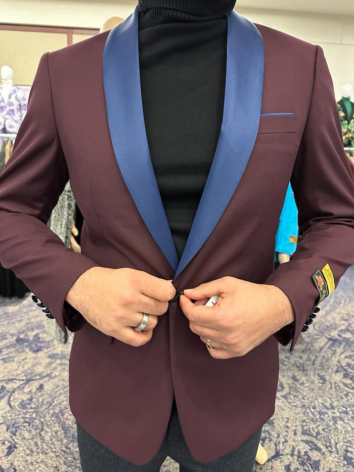 Mens Burgundy Tuxedo Dinner Jacket Blazer with Blue Satin Shawl Lapel Wedding and Party Jacket USA Men's Outlet