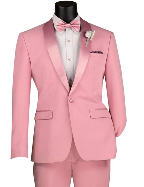 Mens Dusty Rose Pink Summer Tuxedo – Satin Shawl Lapel Formal Wedding Prom Suit