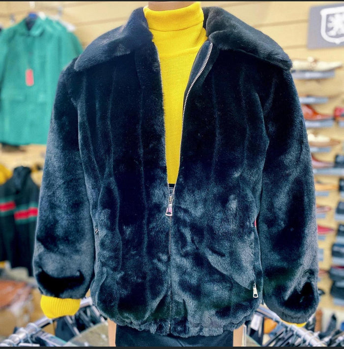 Men’s Black Faux Fur Jacket - Luxury Winter Zip-Up Coat with Soft Plush Finish by USA Men's Outlet
