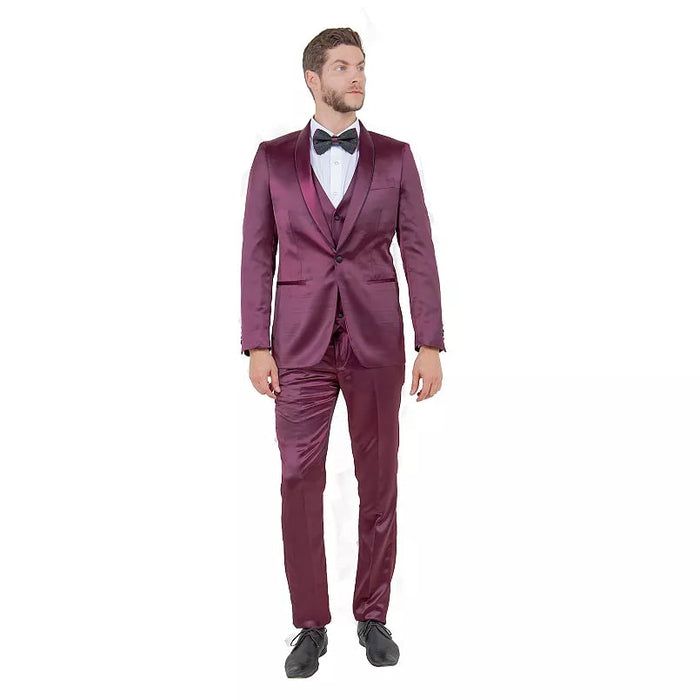 Mens Sateen Shiny Burgundy Slim Fit Tuxedo - Satin Shawl Lapel 3-Piece Suit by USA Men's Outlet