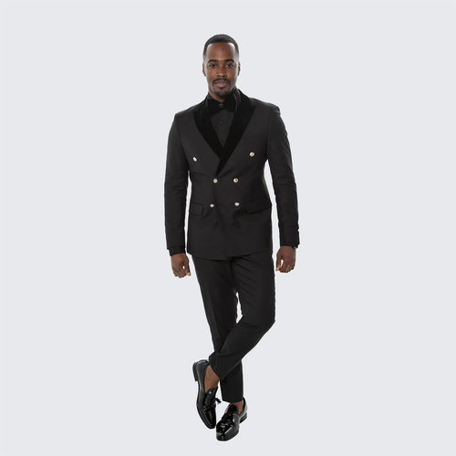 Men’s Black Double Breasted Tuxedo Suit - Luxury Formal Dinner Jacket Gold Buttons Velvet Lapel by USA Men's Outlet