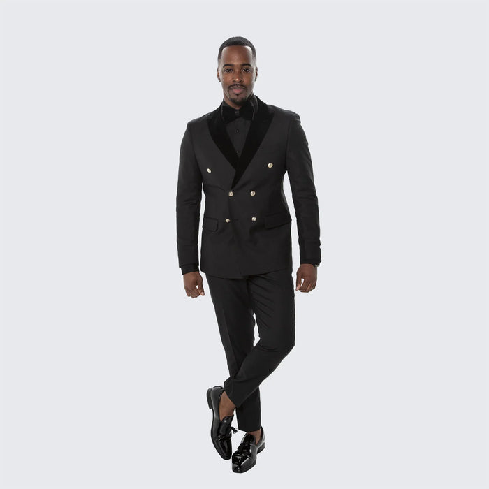 Men’s Black Double Breasted Tuxedo Suit - Luxury Formal Dinner Jacket Gold Buttons Velvet Lapel by USA Men's Outlet