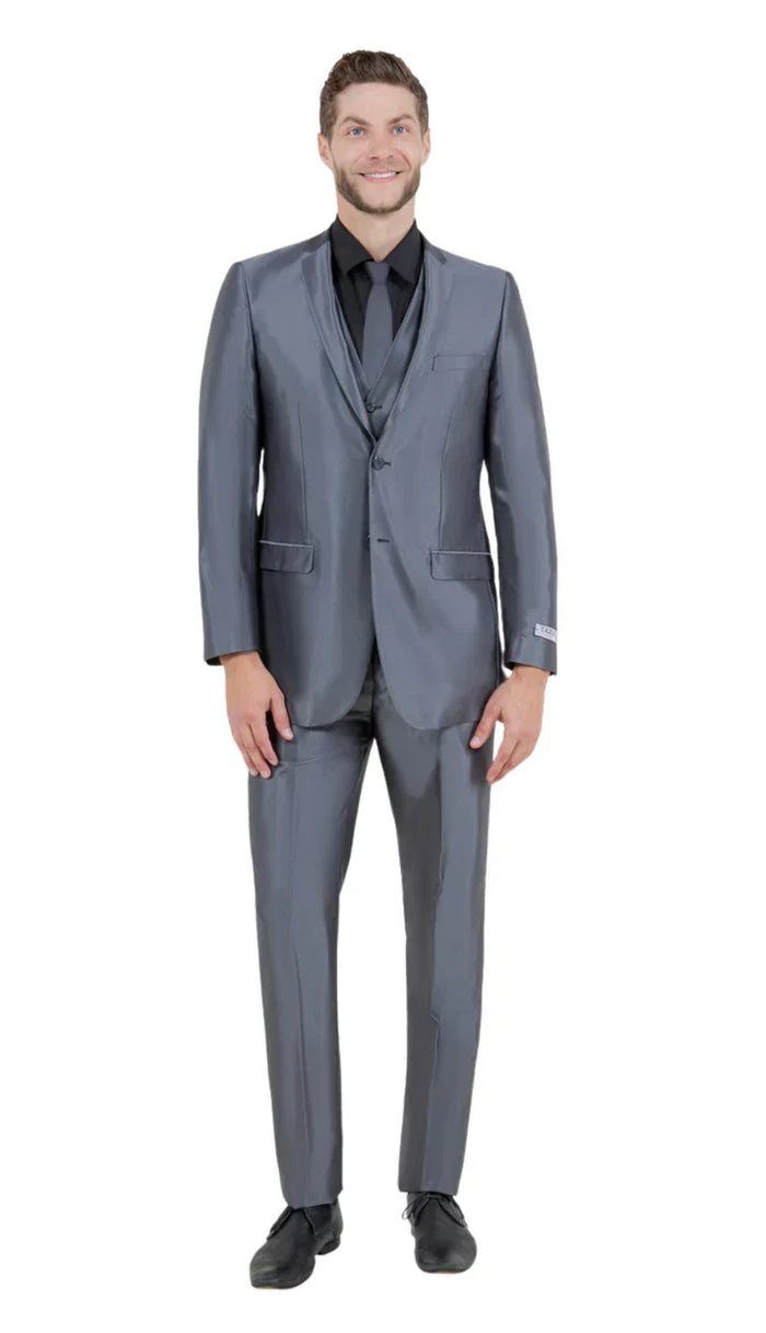 Men’s Dark Grey Shiny Two-Piece Suit - Slim Fitted Formal Jacket and Tailored Pants - Sateen Metalic in Charcoal Gray Color - USA Men's Outlet
