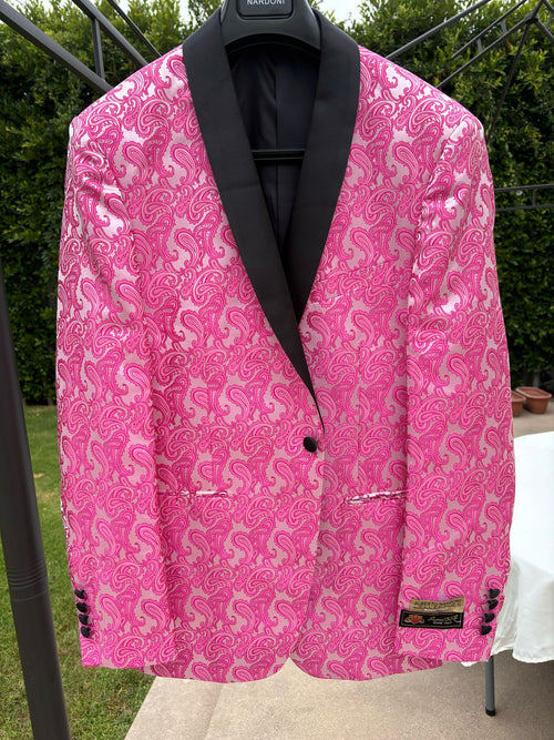 Men’s Hot Pink Paisley Tuxedo Blazer with Black Shawl Lapel Fuchsia Color Dinner Jacket Perfect for Prom