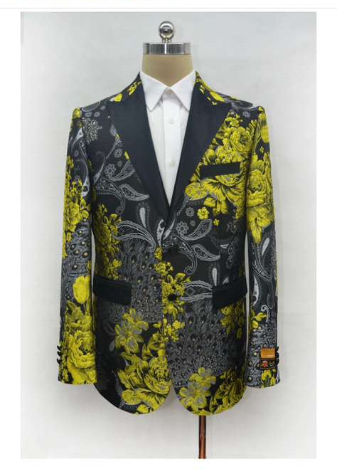 Men’s Yellow Tuxedo Black and Gold Floral Pattern Blazer - Formal Jacket - Prom Dinner Jacket + Black Pants + Bowtie by USA Men's Outlet