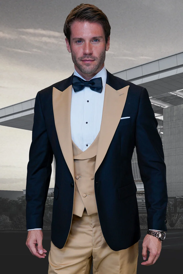 Men's Western Khaki Cowboy Tuxedo Suit – Black & Tan Beige  Peak Lapel 3-Piece Vested Formal Cowboy Suit