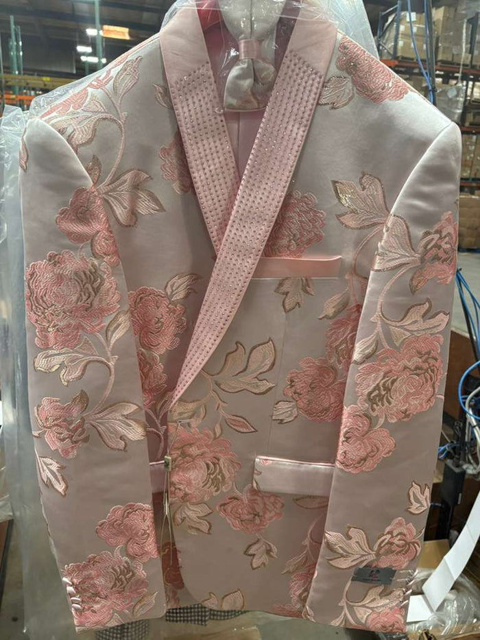 Men’s Pink Blush Floral Jacquard Blazer with Embellished Shawl Lapel - Luxury Party and Wedding Wear Jacket by USA Men's Outlet