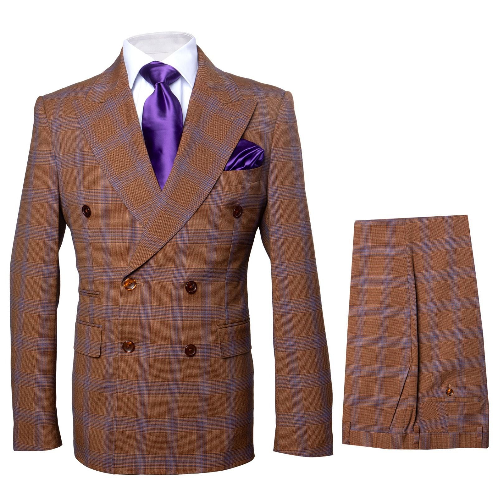 Men’s Brown Plaid Double-Breasted Suit – Premium 2-Piece Classic Checkered Windowpane Suit by Rossiman