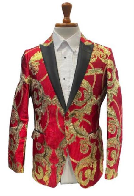 Men's Red and Gold Baroque Tuxedo Jacket with Black Satin Shawl Lapel by USA Men's Outlet