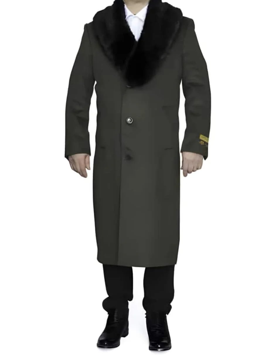 Mens Full Length Olive Overcoat with Black Fur Collar – Luxury Wool Fabric Winter Long Coat in Hunter Green