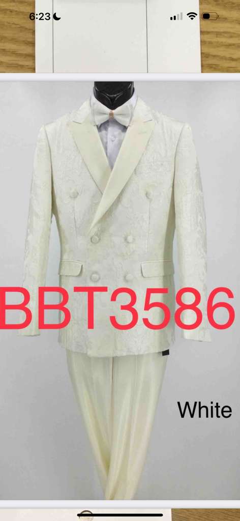Men’s Ivory Double Breasted Tuxedo Dinner Jacket – Textured Blazer Paisley Texture Pattern in Off White Cream Color + Bowtie