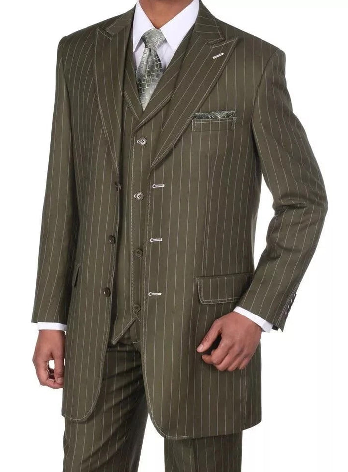 Mens Olive Green Pinstripe Zoot Suit - 1920s Gangster Vintage 3-Piece Suit for Formal and Themed Events - USA Men's Outlet