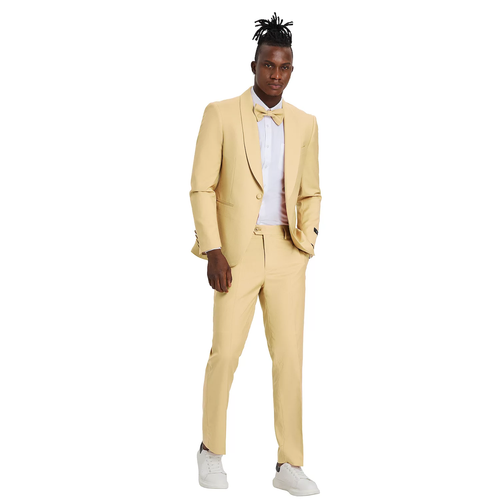 Men’s Light Yellow Shawl Lapel Tuxedo – Modern Wedding, Prom & Groom Formal Suit + Matching bowtie