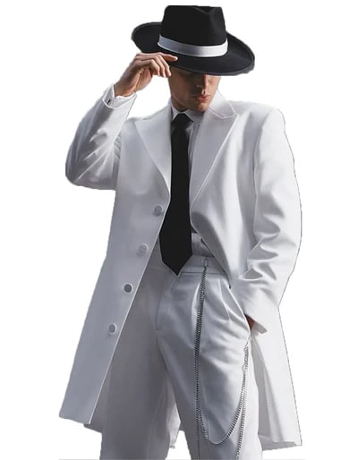 Men’s White Long Zoot Style Suit  | Vintage Gangster Mafia Formal Coat with Black Pants