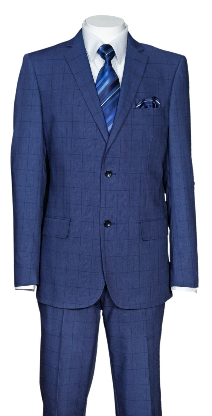 Mens Indigo Navy Blue Windowpane Check Suit - Classic 2-Piece Formal Business and Wedding Wear Set in Cobalt Blue by USA Men's Outlet