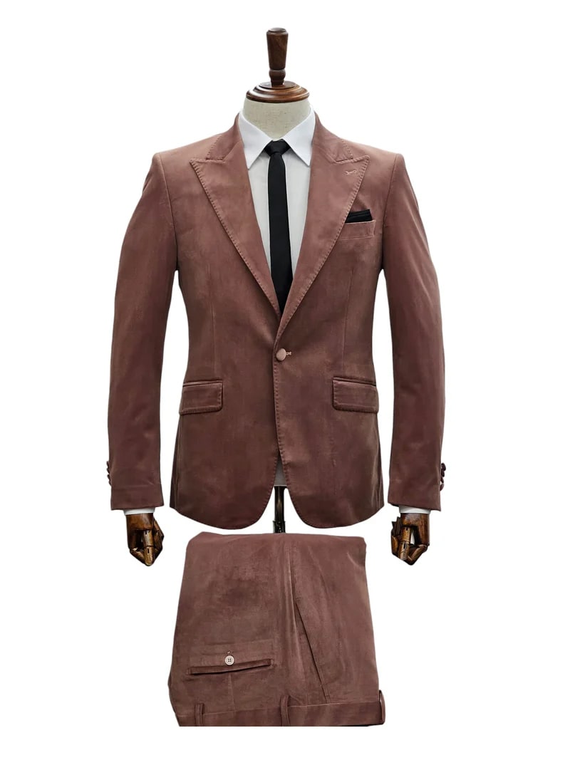 Mens Mauve Velvet Suit - 2 Piece Ultra Slim Fit Blazer and Pants Formal Set in Light Brown Tuxedo by USA Men's Outlet