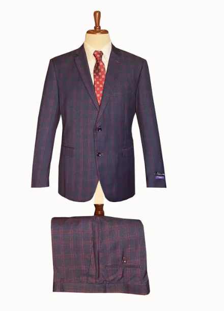 Men’s Navy Blue and Burgundy Checkered Two-Piece Suit Plaid Windowpane - Flat Front Pants or Pleated Wide Leg Pants - 100% Wool USA Men's Outlet