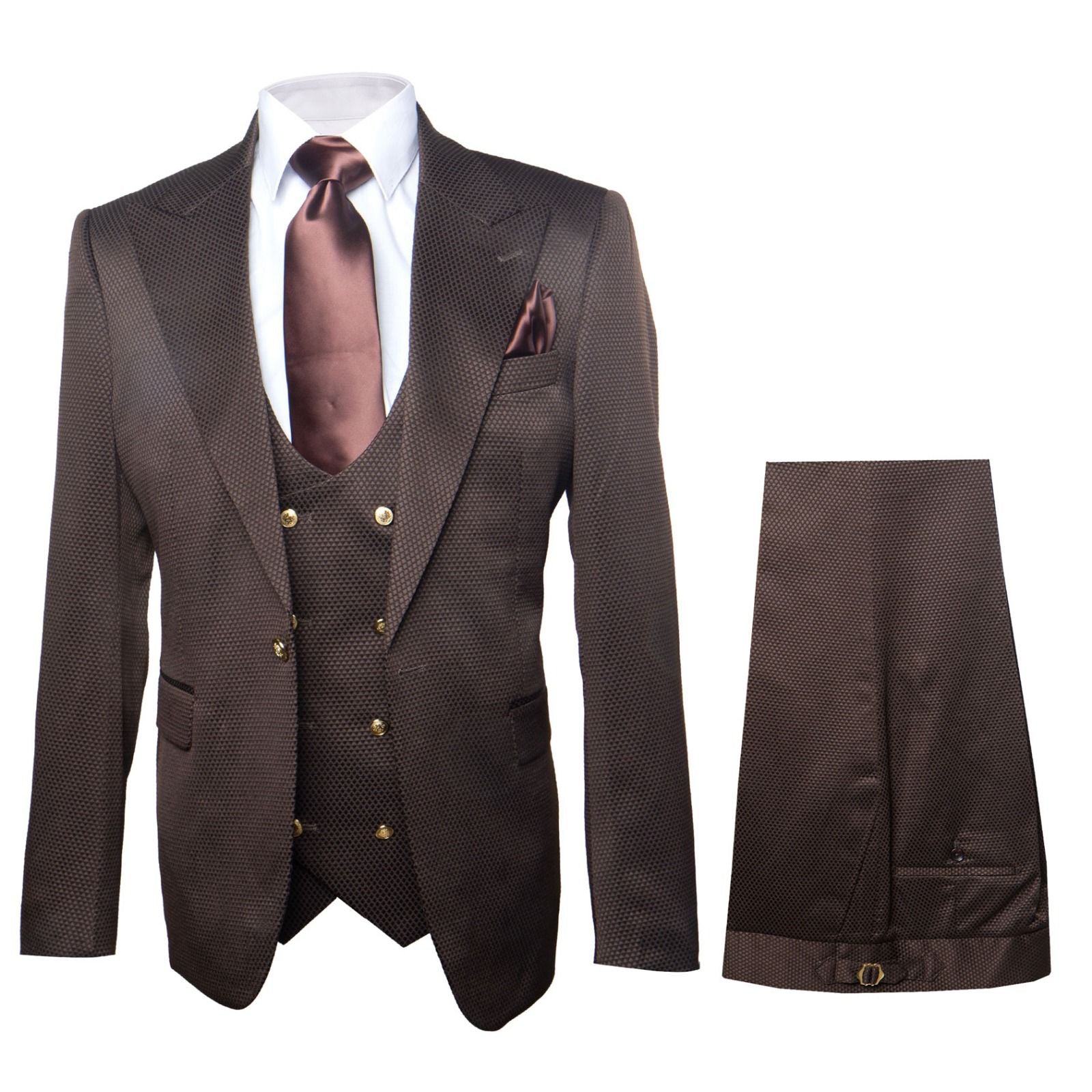 Men’s Chocolate Brown Textured 3-Piece Suit - Luxury Double-Breasted Vest Formal Set by USA Men's Outlet