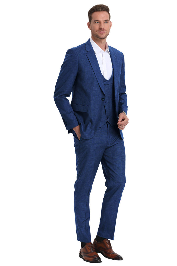 Men's Navy Blue Sharkskin Double Breasted Vest Suit