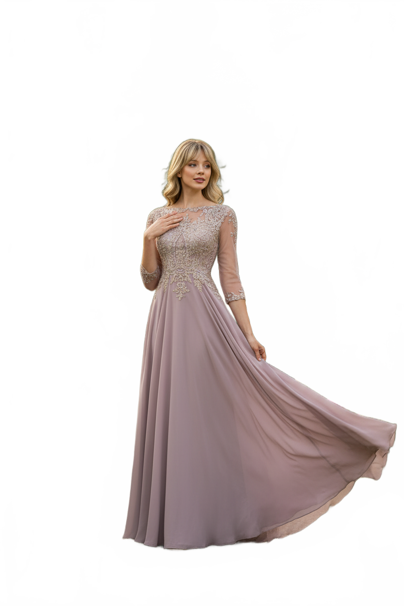 Embroidered 3/4 Sleeve Mother Of The Bride Dress Modest Evening Gown