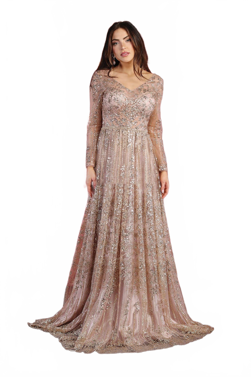 Glitter Floor Sweeping Prom Dress Long Sleeve V-neck Evening Gown