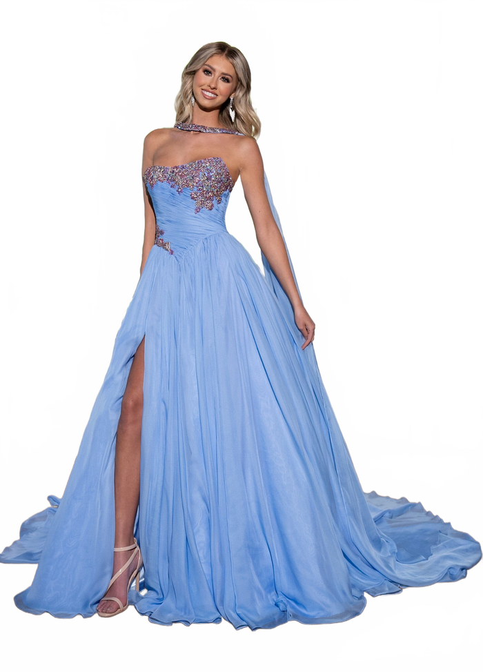 Rachel Allan 50290 Strapless Cape A-line Slit Gown