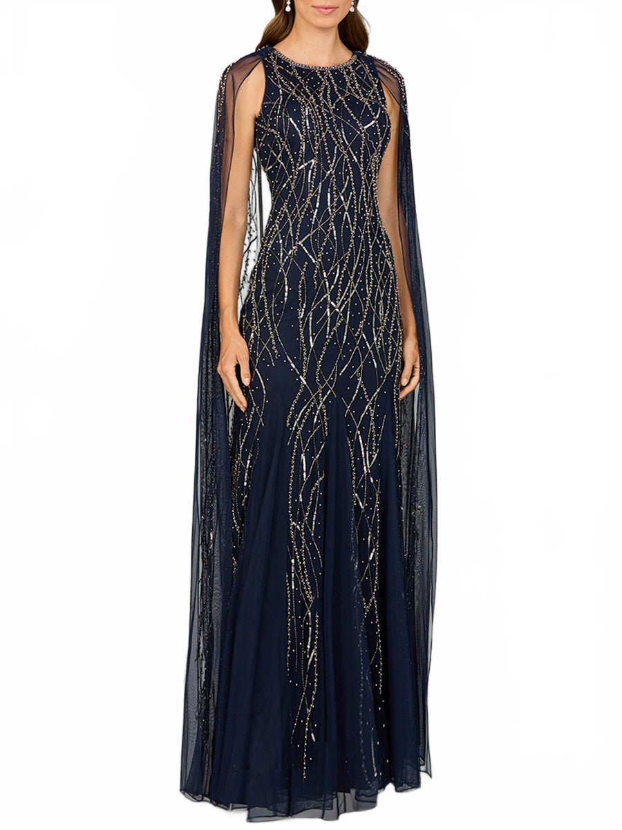 Elegant Beaded Dress with Long Cape