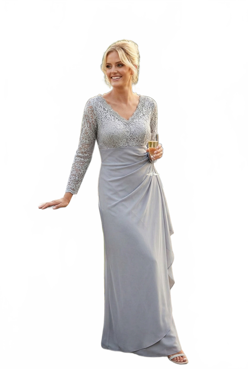 V-Neck Long Lace Gown Mother of the Groom Dress