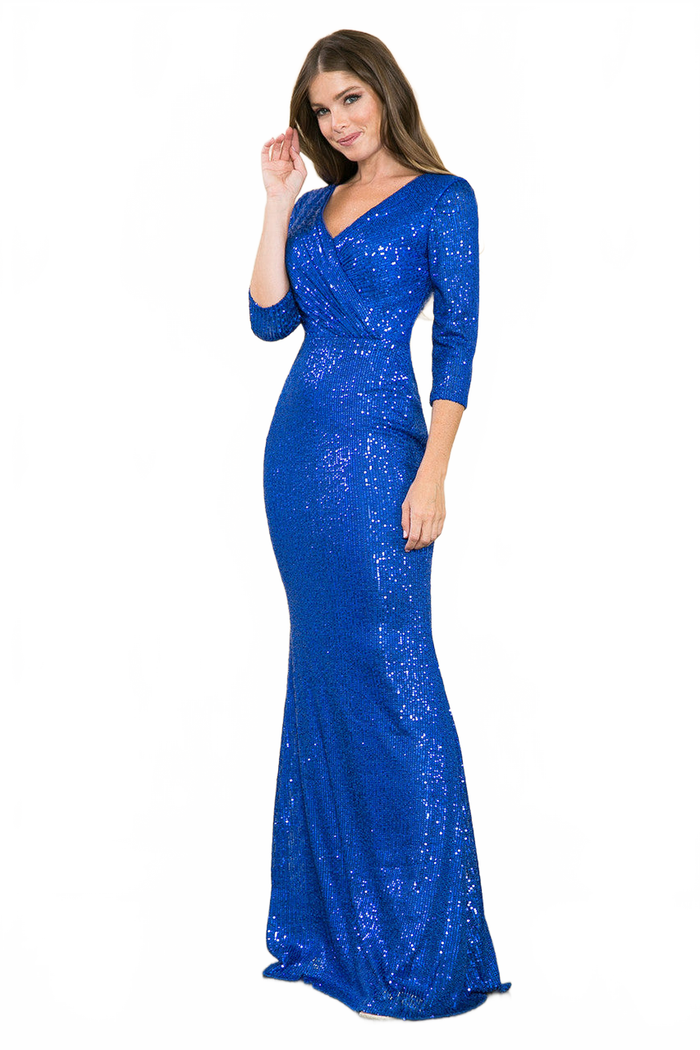 Sequin V-Neck Mermaid Evening Gown with 3/4 Sleeves Formal Dress By Lenovia 8186