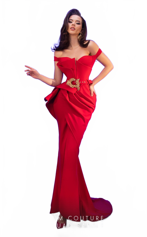 Fouad Sarkis 2650 Couture Evening Dress with Embellished Belt
