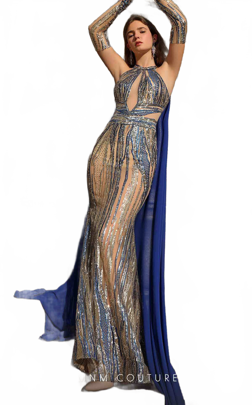 MNM Couture K4054 Blue Sequin Sheer Gown with Dramatic Cape