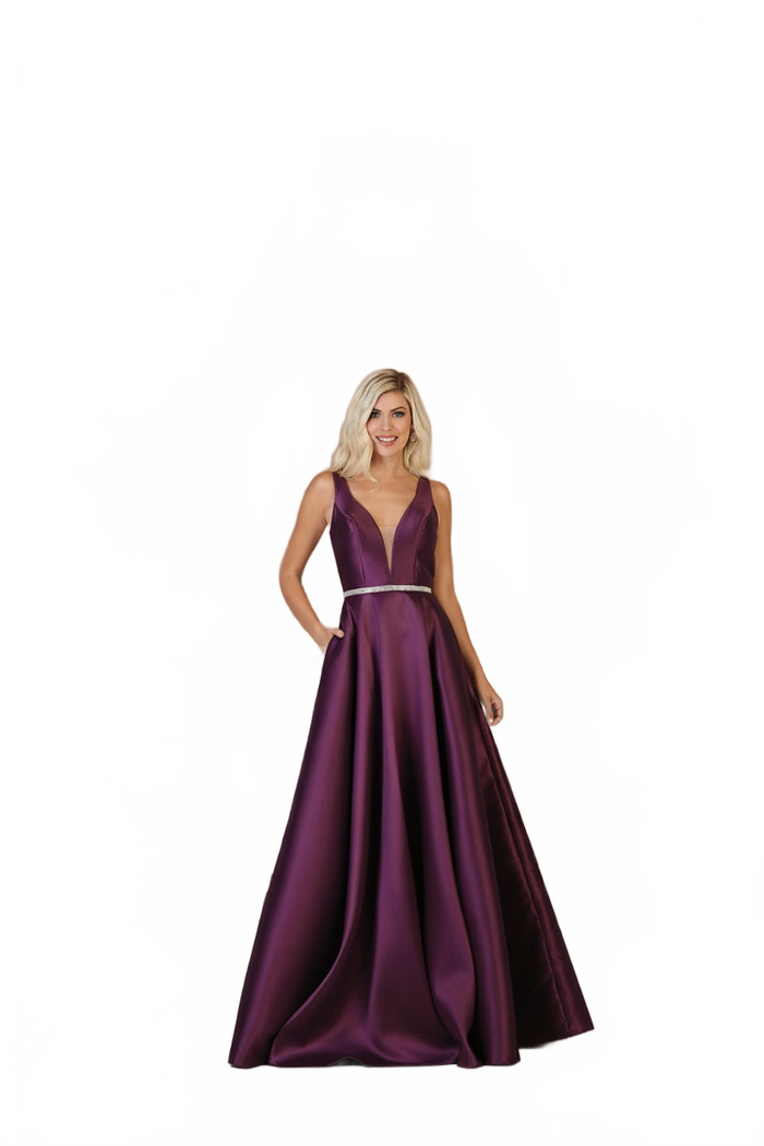 A Line Plunging V Neck Evening Gown Side Pockets Sleeveless Prom Dress